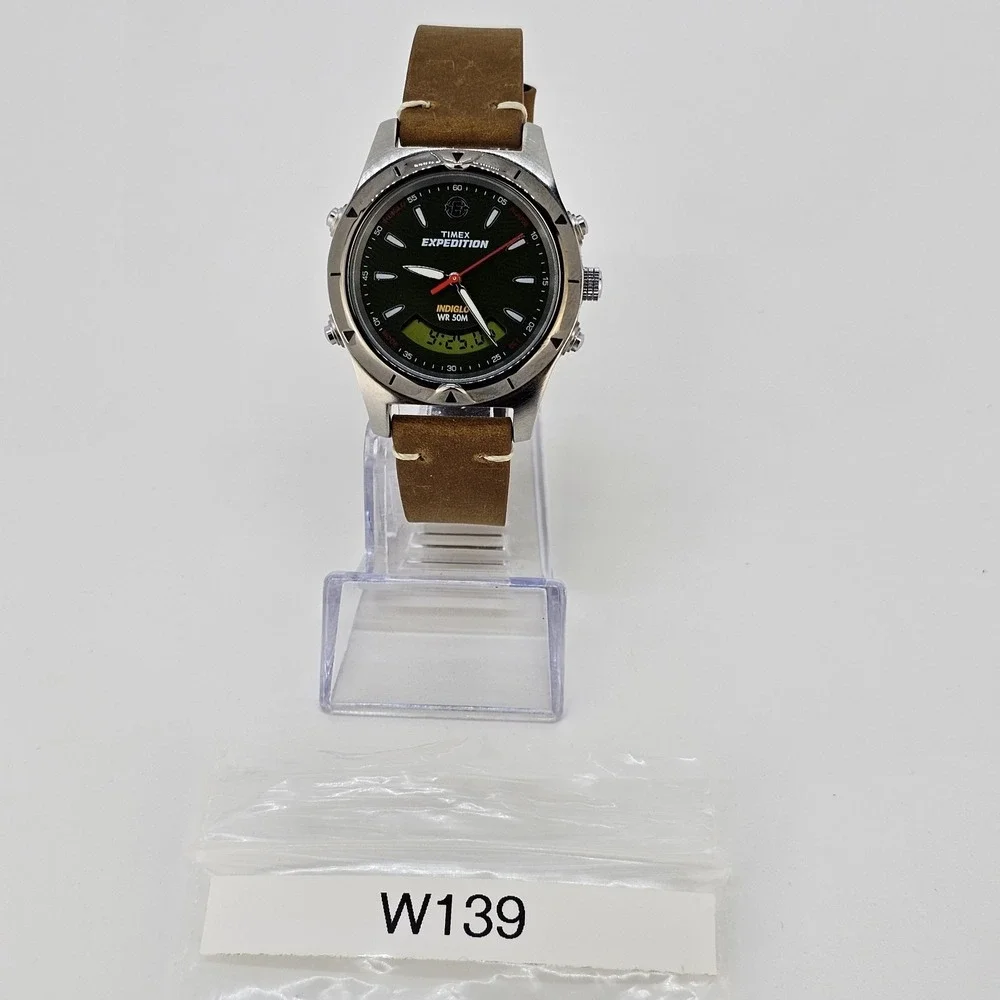 Timex Expedition Ana Dig Men Watch 38MM Green Dial NEW Leather Bands New Battery